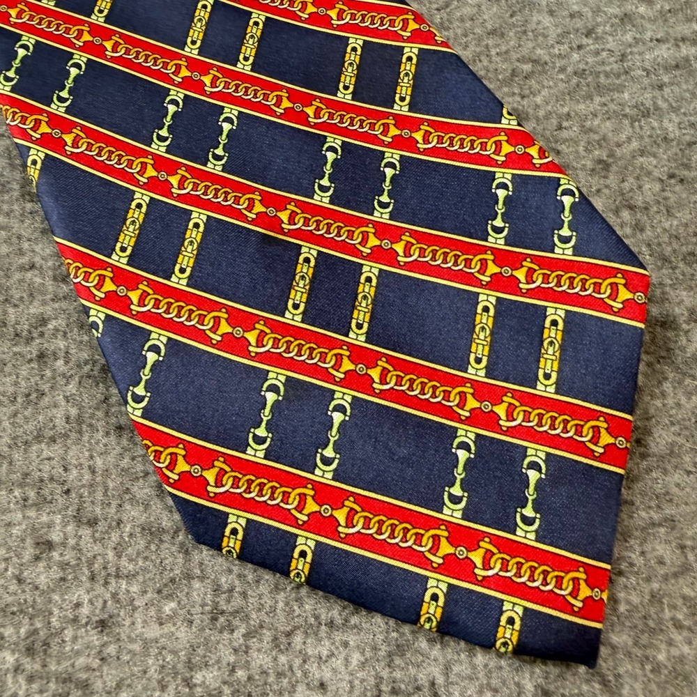 Pura Seta Silk Tie Mens Navy Blue Red Gold Equestrian Horse Bit Chain Italy
